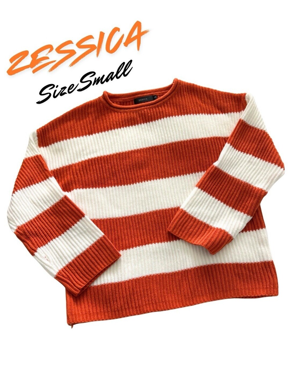 ZESICA Striped Oversized Knit Sweater Small Orange White Chunky Fall